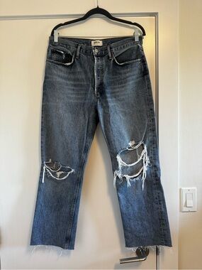 AGOLDE 90s Pinch Waist Straight Leg Blue Wash Jeans  Size 29 distressed raw hem